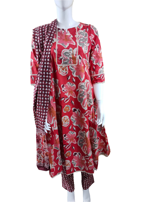 Tomato Red Premium Cotton Kurta Duppata Set